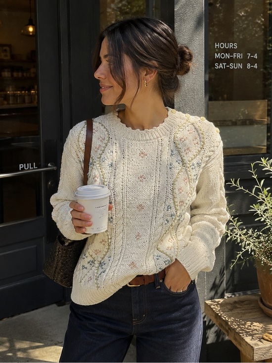 Liz Claiborne Sweaters - Vintage 90s Liz Claiborne Hand Knit Cable Sweater Floral Cotton Cottagecore